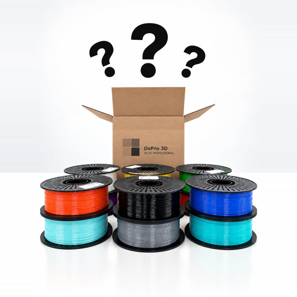 DoPro 3D PETG Mystery Box – Karton mit Filamentspulen und Fragezeichen