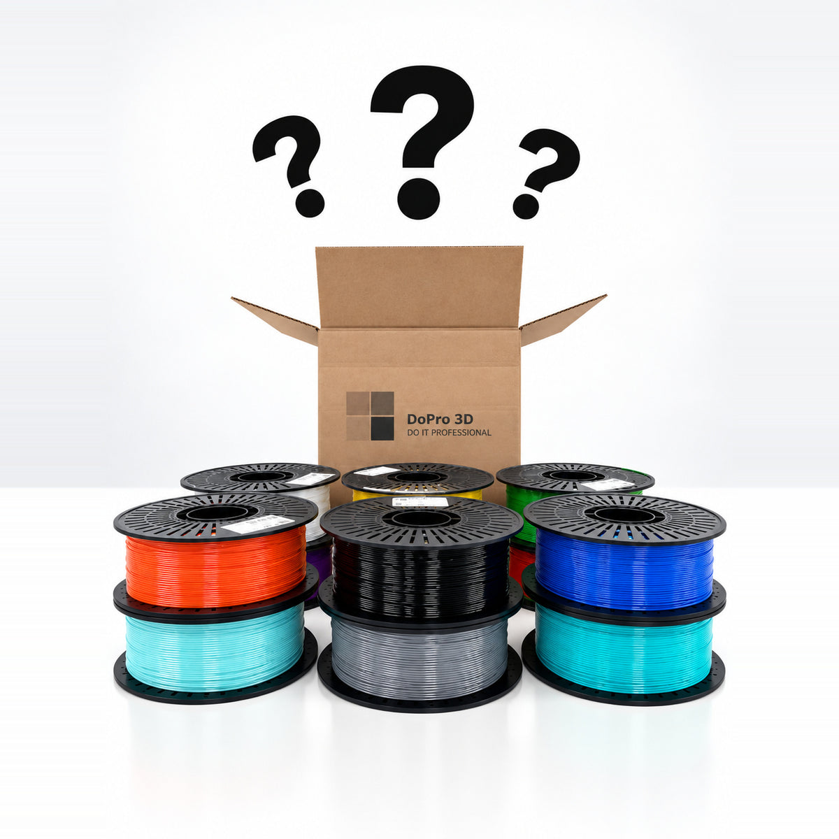 DoPro 3D PETG Mystery Box – Karton mit Filamentspulen und Fragezeichen