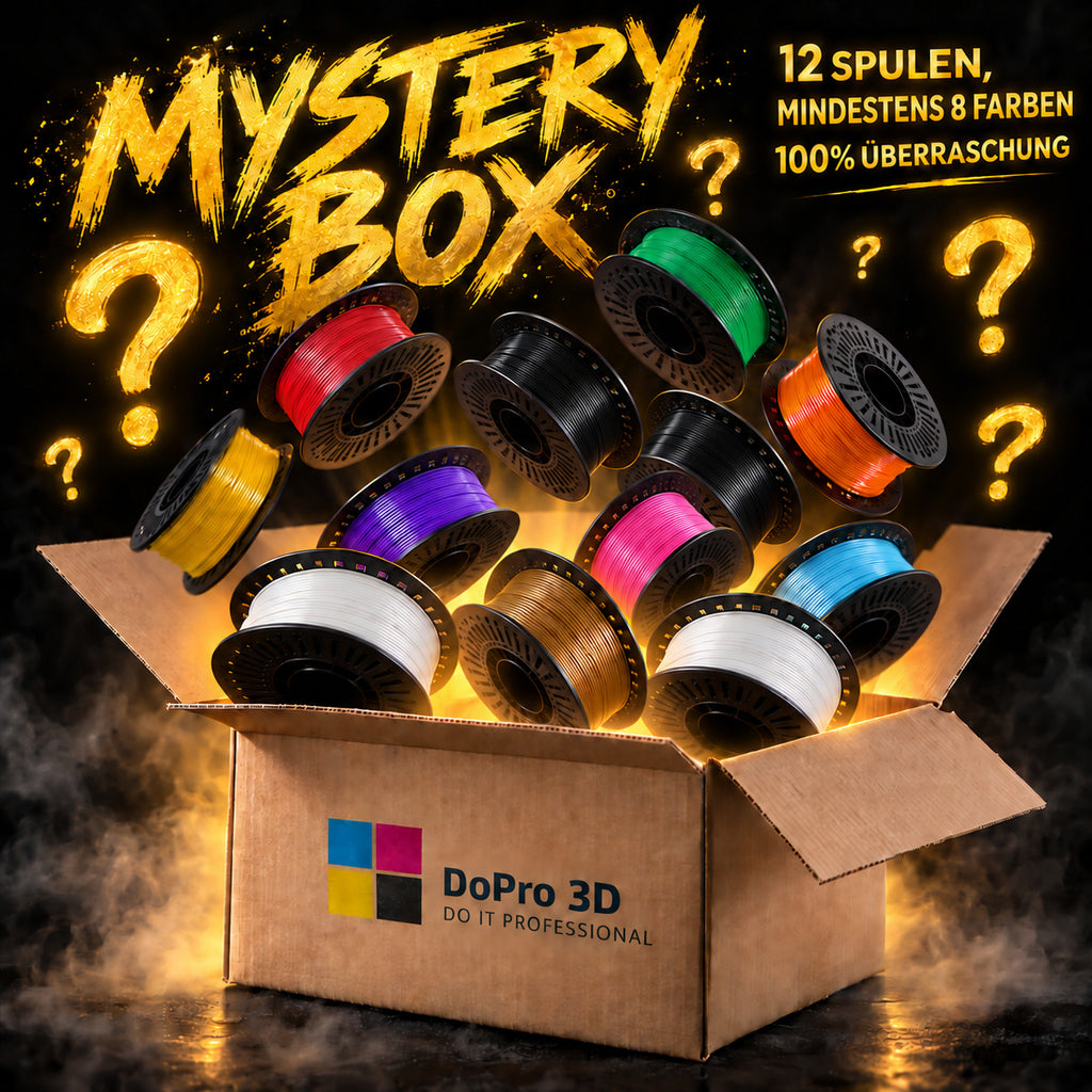 DoPro 3D PETG Mystery Box – Keyvisual mit zwölf Filamentspulen