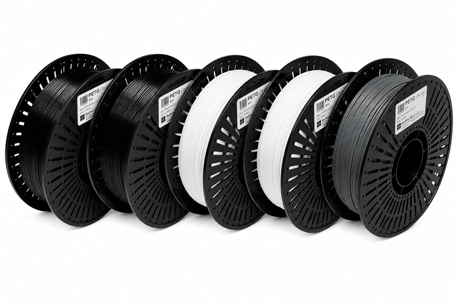 DoPro 3D PETG Filament Classic – 5er Set 2× Schwarz, 2× Weiß, 1× Grau – Nexyl Class – 1,75 mm – 5× 1,0 kg