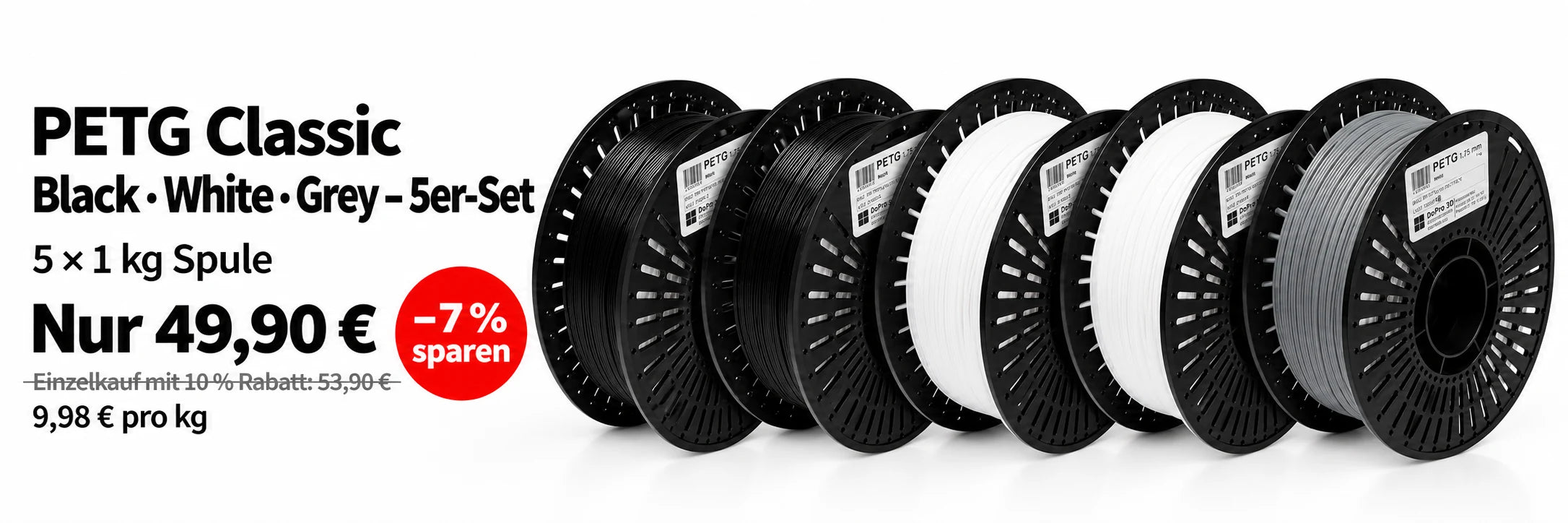 Vorteilsbundle: 5× 1 kg PETG Classic – 2× Schwarz, 2× Weiß, 1× Grau für 49,90 €