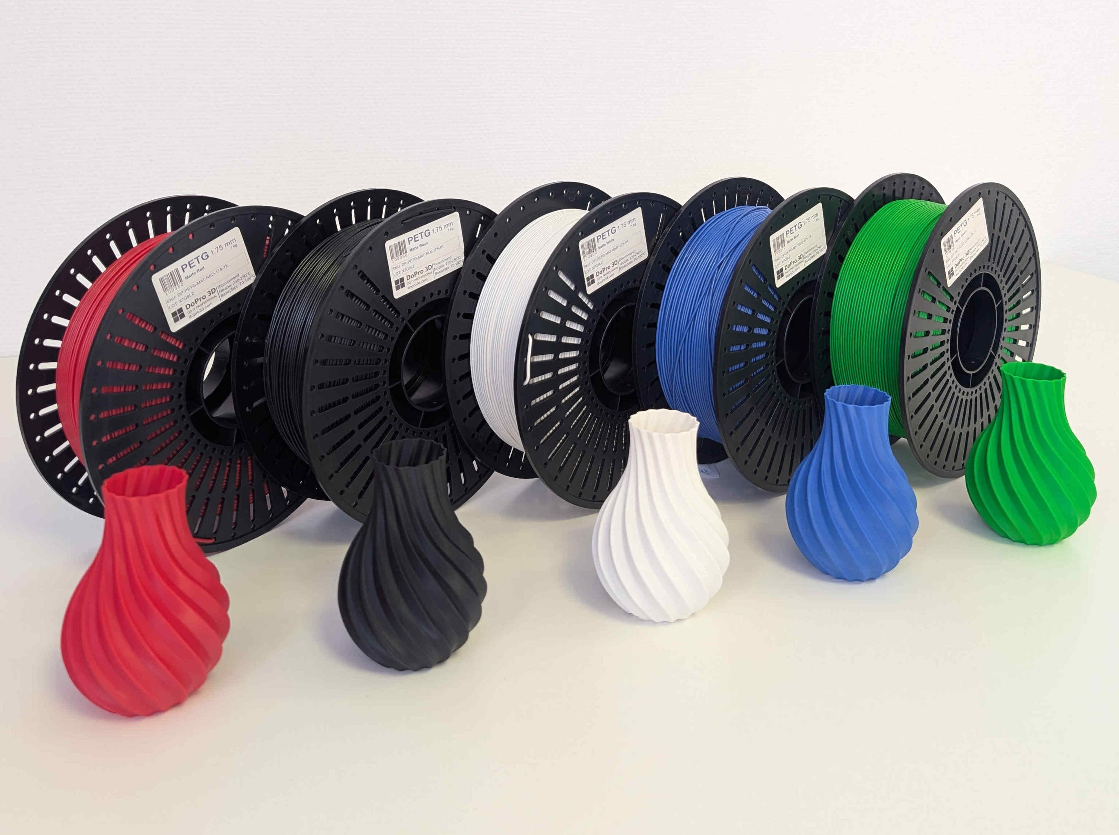DoPro 3D PETG Filament Matt – 5er Set Schwarz, Weiß, Blau, Rot, Grün – Nexyl Class – 1,75 mm – 5× 1,0 kg