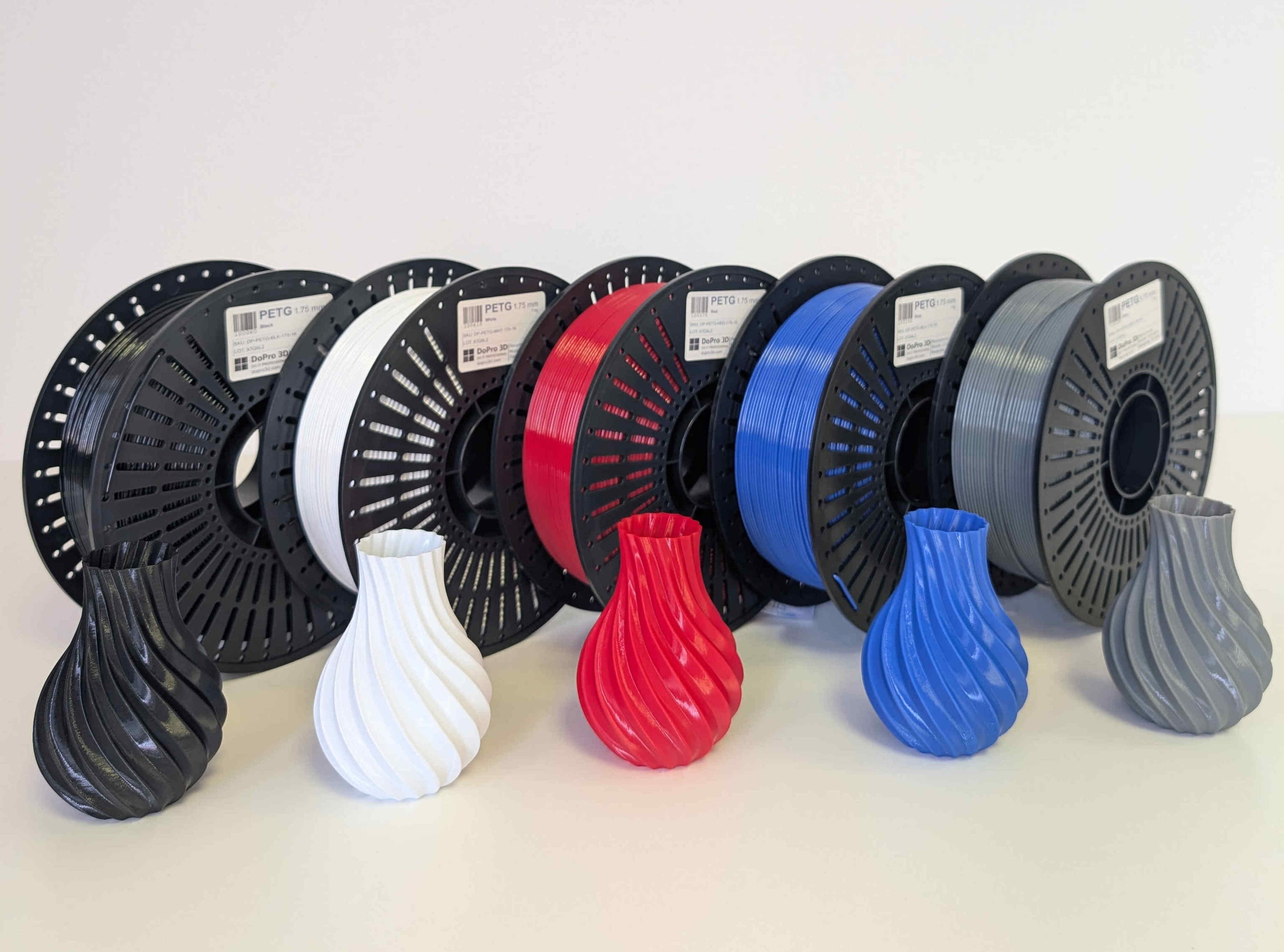 DoPro 3D PETG Filament Classic – 5er Set Schwarz, Weiß, Blau, Rot, Grau – Nexyl Class – 1,75 mm – 5× 1,0 kg