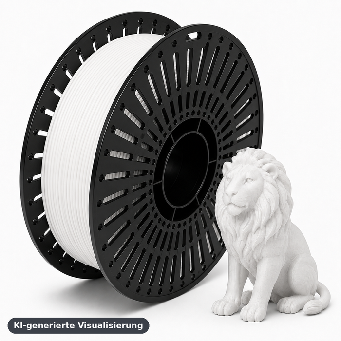 KI-generierte Visualisierung: PETG Essentials Arctic White mit Löwen-Figur (kein echtes Druckbeispiel)