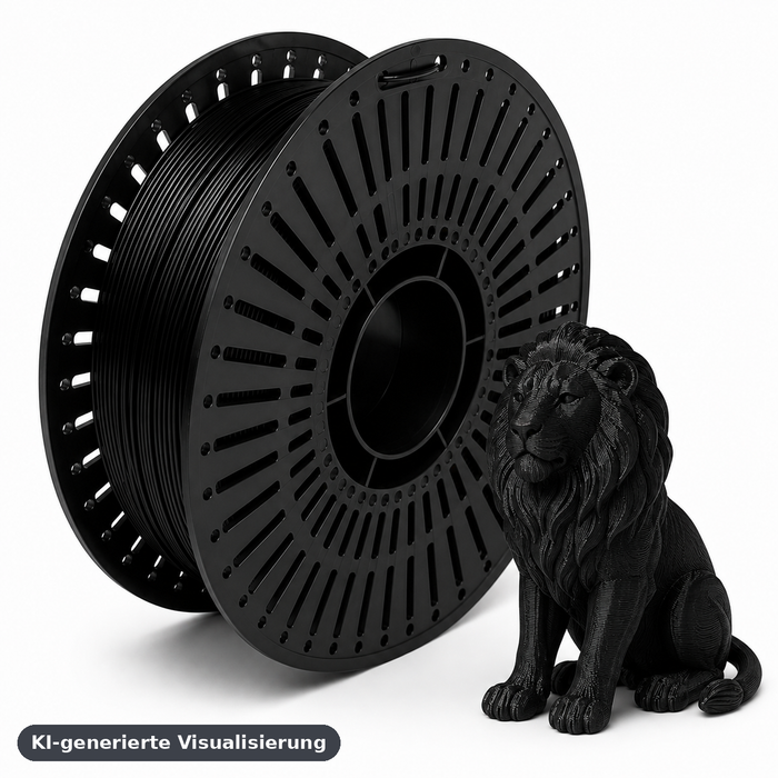 KI-generierte Visualisierung: PETG Essentials Midnight Black mit Löwen-Figur (kein echtes Druckbeispiel)