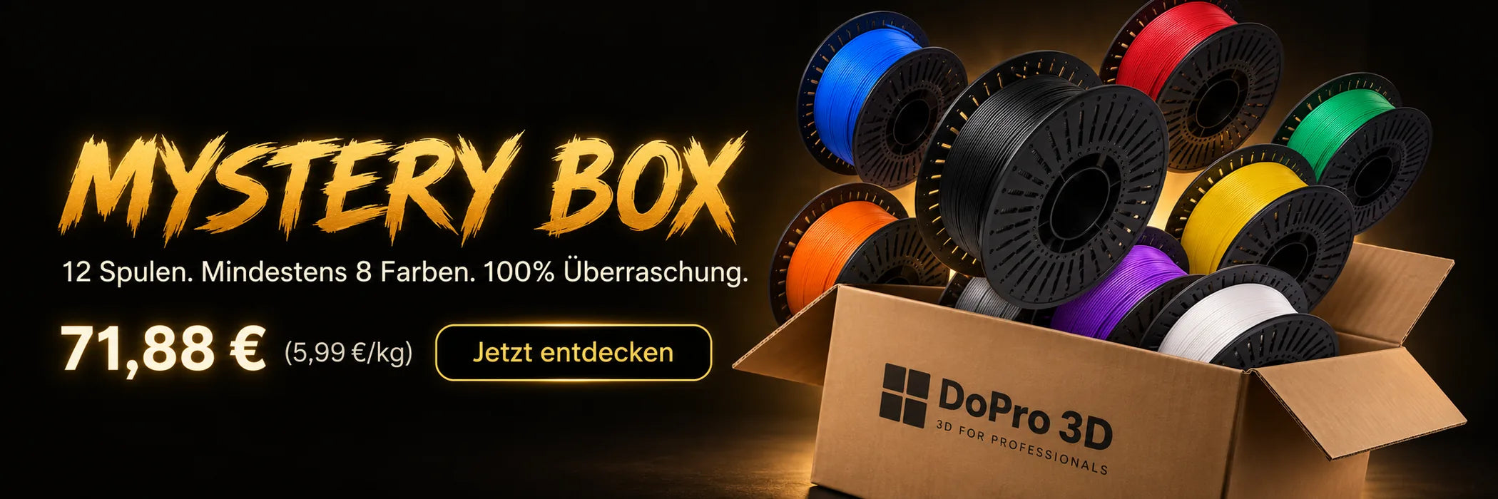 DoPro 3D PETG Mystery Box – 12 Spulen à 1 kg, mindestens 8 Farben, €71,88 entspricht €5,99 pro Kilogramm